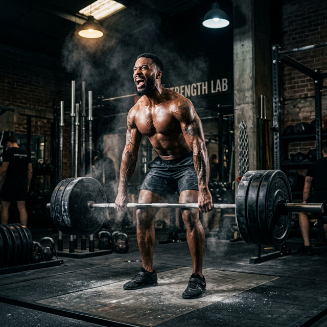 Hardcore weightlifting in dark gym